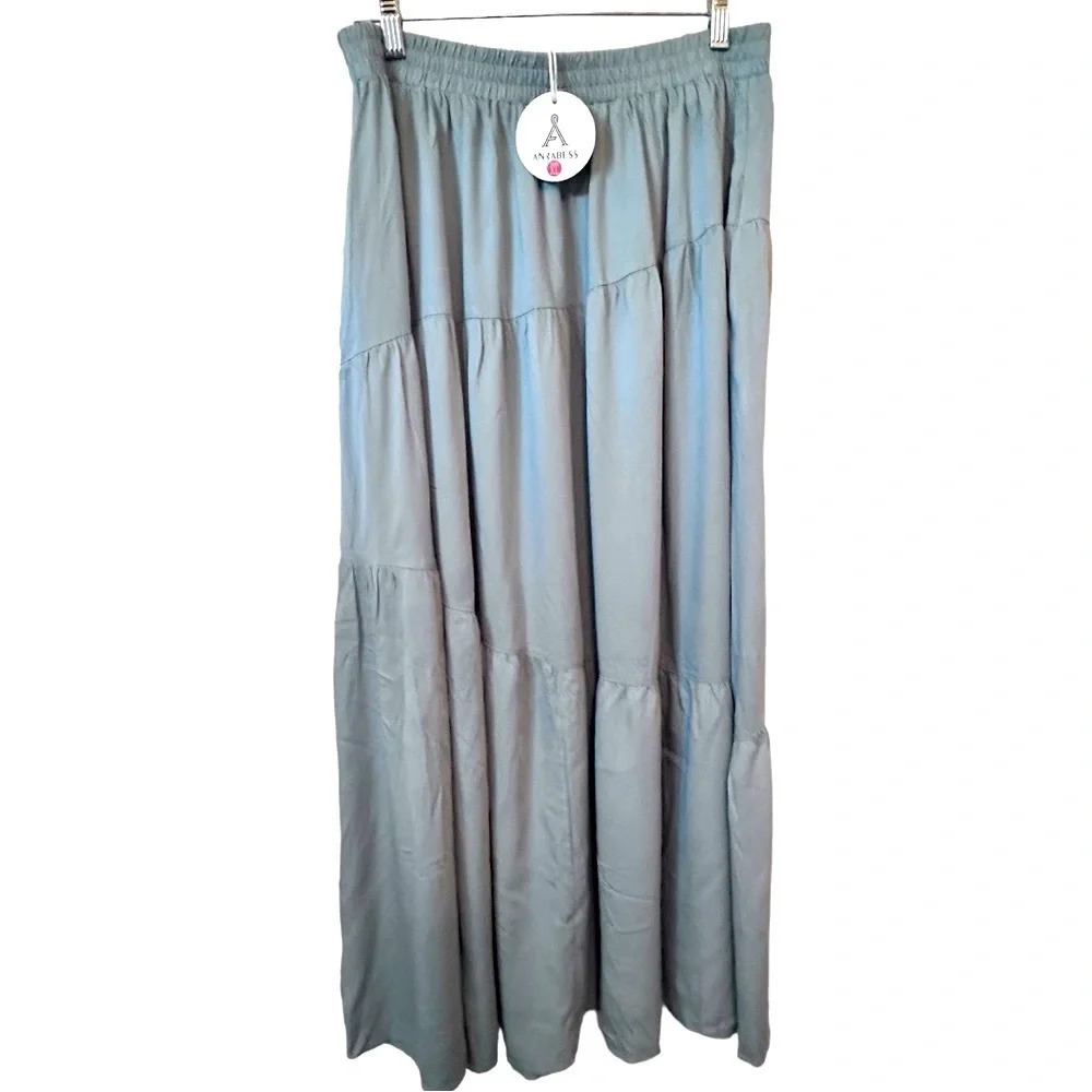 NWT Women Boho Elastic High Waist Pleated A-Line Swing Asymmetric Tiered Skirt